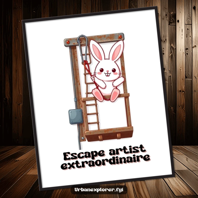 Funny Free Printable Wall Art: A determined kawaii bunny rappels down a rusty fire escape with a smile.