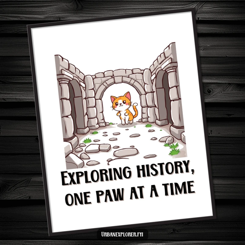 Funny Free Printable Wall Art: Lighthearted cartoon cat exploring the vestiges of a historical place, adding curiosity and charm.