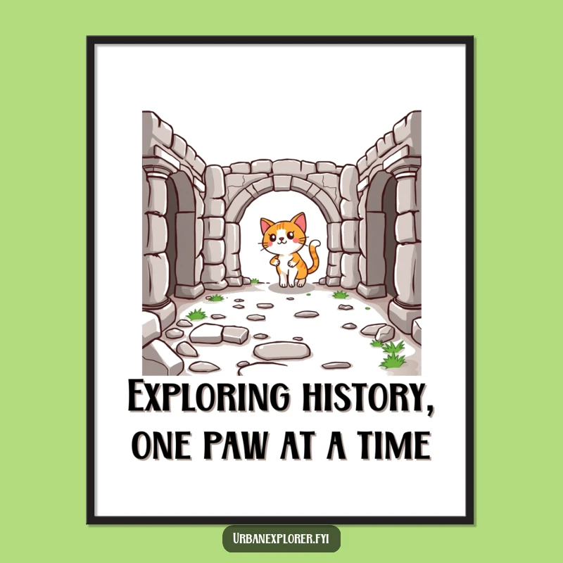 Free Printable Wall Art: Cat Navigates Ruins - Historical Adventure Decor