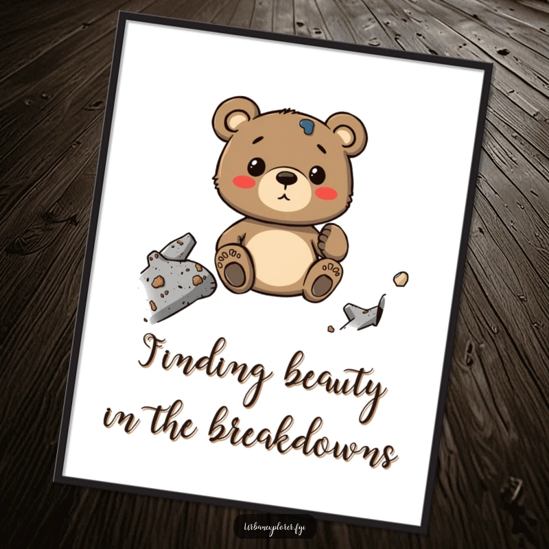 Funny Free Printable Wall Art: Whimsical cartoon bear appreciating the textures of industrial decay, adding rugged, artistic flair to any room.