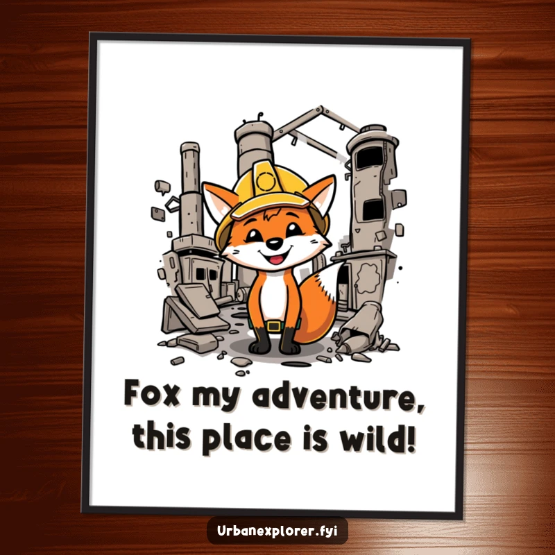 Funny Free Printable Wall Art: Cartoon fox wearing a hard hat humorously explores a derelict factory, creating quirky industrial decor.