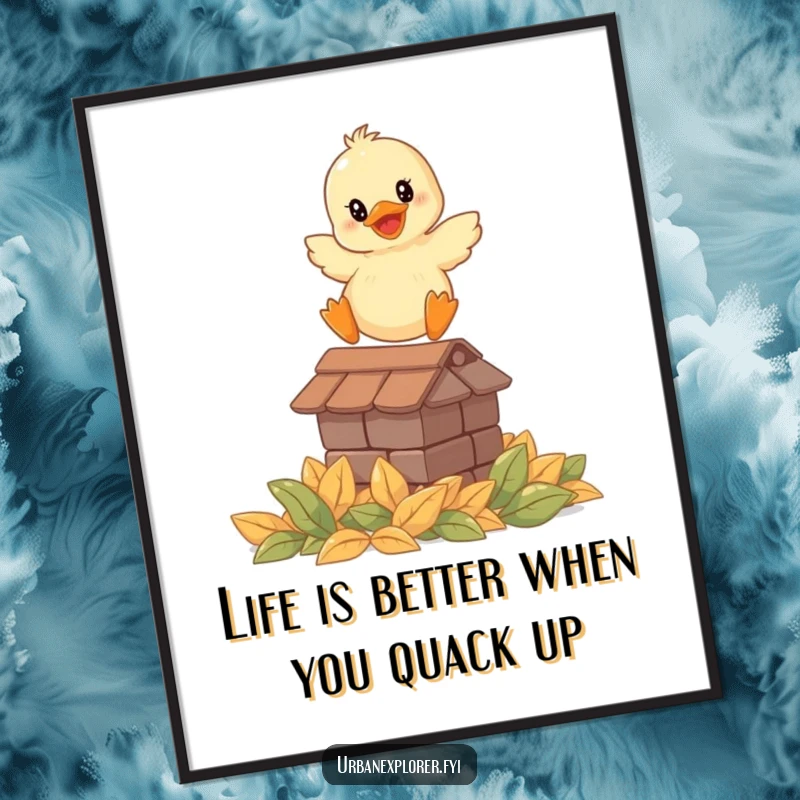 Funny Free Printable Wall Art: Smiling duckling leaping onto leaves, capturing a moment of pure joy.