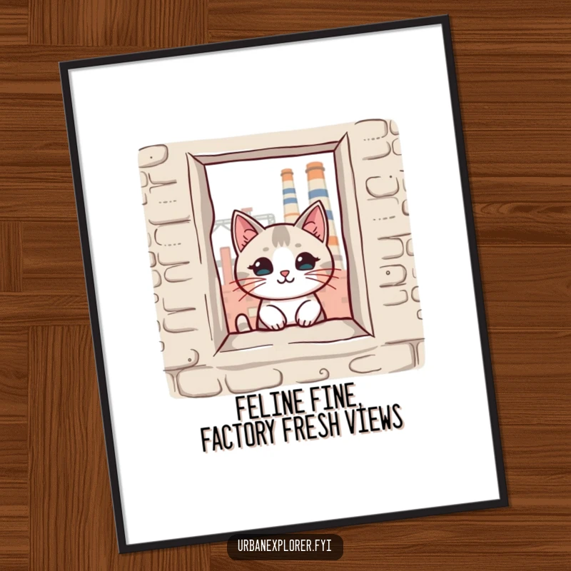 Funny Free Printable wall art: A kawaii cat peeking through a broken old factory window, creating a humorous and charming piece of art.