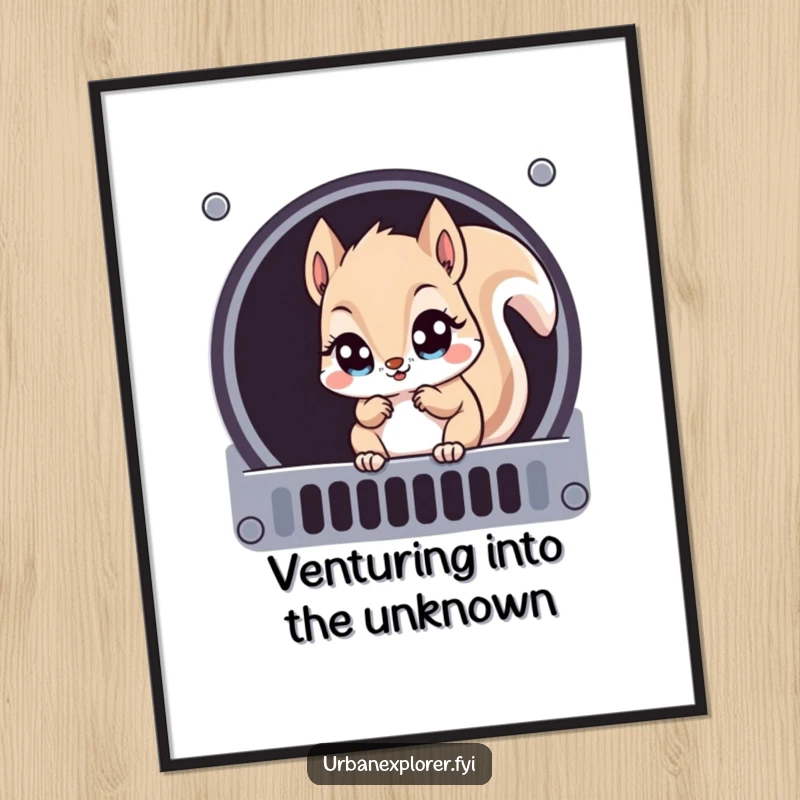 Funny Free Printable Wall Art: Mischievous Kawaii squirrel peeking from behind a grate, bringing playful energy to your decor.