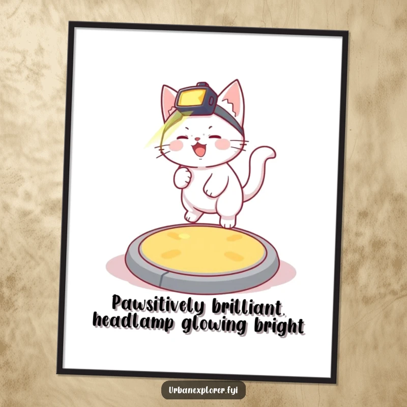 Funny Free Printable Wall Art of a giggling white kitten wearing a headlamp, bouncing on a wobbly manhole cover with adventurous spirit.
