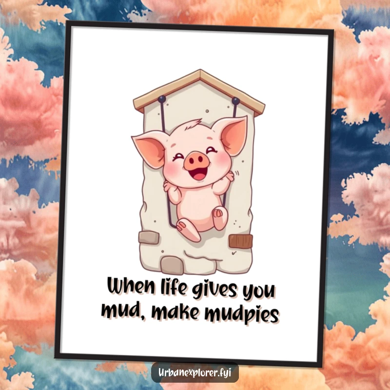 Funny Free Printable Wall Art: Giggling piglet rappelling down a facade, adding humorous charm to any room.