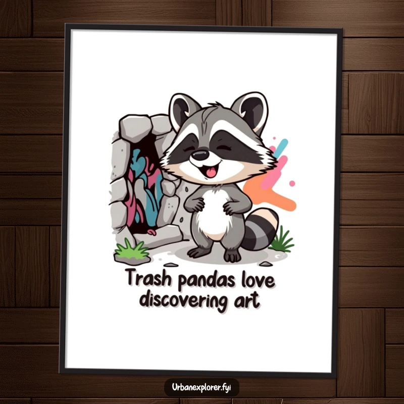Funny Free Printable Raccoon Street Art Wall Art, a giggling raccoon finds a colorful mural, adding urban charm, downloadable.