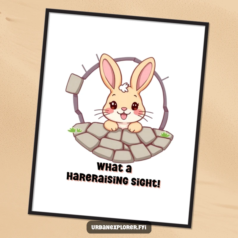 Funny Free Printable Wall Art: A cheerful bunny character with curious eyes peers through the cracks of a pavement grate.