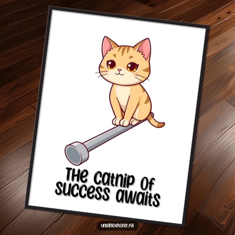 Funny Free Printable Wall Art featuring a determined cat balancing with focus on a narrow pipe, looking ahead. Hilarious downloadable decor.