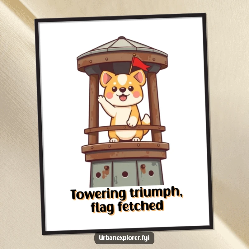 Funny Free Printable Wall Art: A kawaii dog proudly plants a tiny flag on the highest point of a rusty water tower.