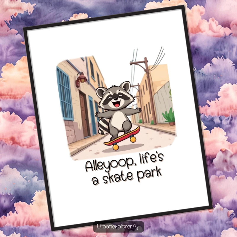 Funny free printable wall art of a joyful Kawaii raccoon shredding on a skateboard down a deserted alley.