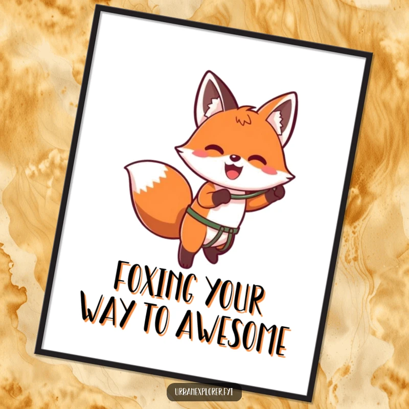 Funny Free Printable Wall Art: Kawaii fox enthusiastically using a grappling hook to ascend a wall, adding adventurous decor.
