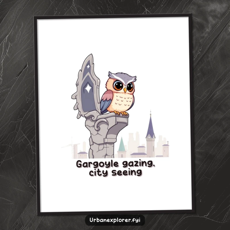 Funny Free Printable Wall Art: A kawaii owl perched majestically on a crumbling gargoyle, surveying the vast city below.