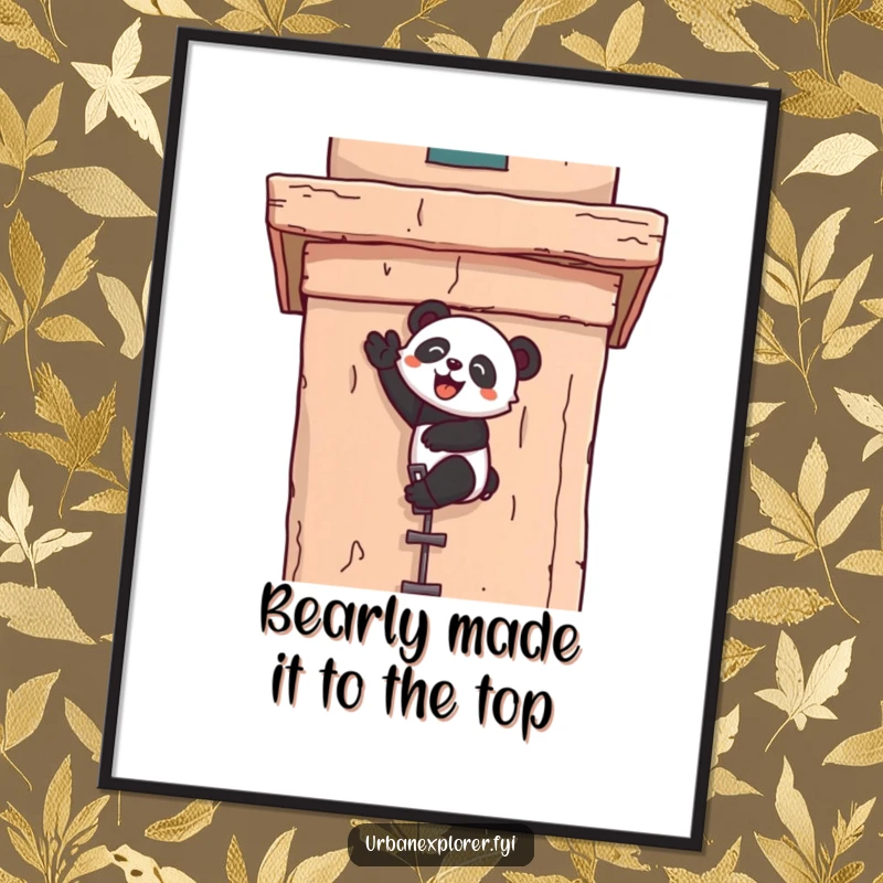 Funny Free Printable Wall Art: Kawaii panda joyfully scaling a tall, weathered building facade, adding motivational decor.