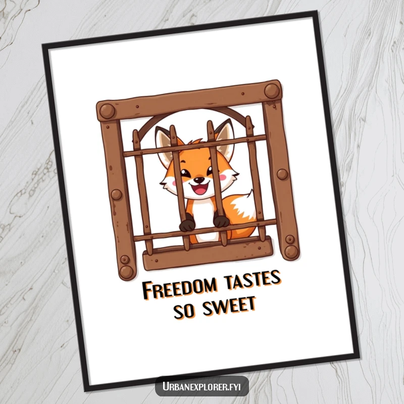 Funny Free Printable Wall Art: A brave fox with an eager smile peeks through rusty prison bars, creating a humorous and intriguing scene.