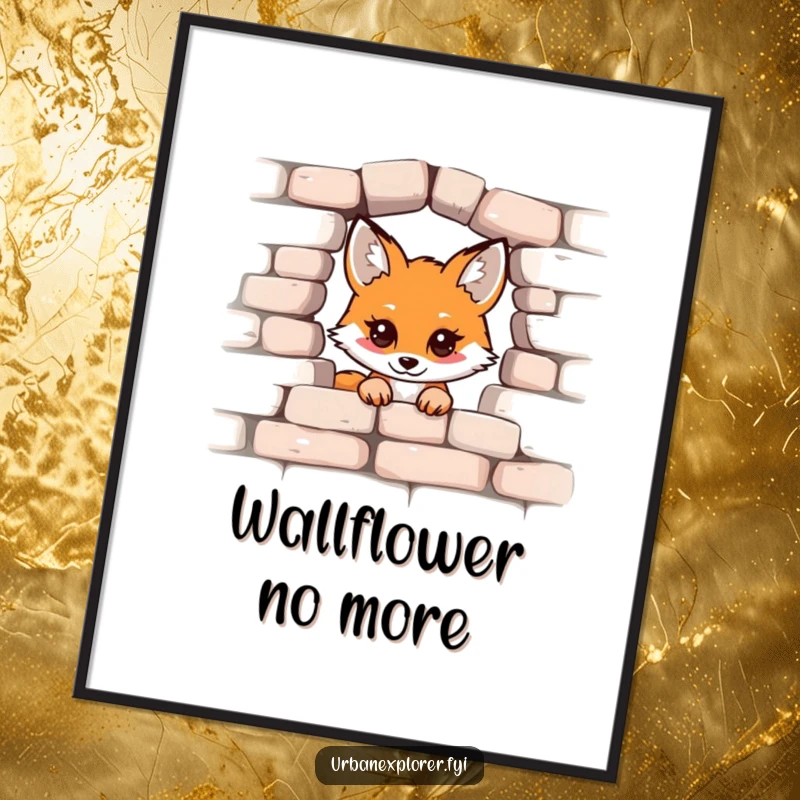 Funny Free Printable Wall Art: A kawaii fox with a mischievous grin peeks from behind a crumbling brick wall.