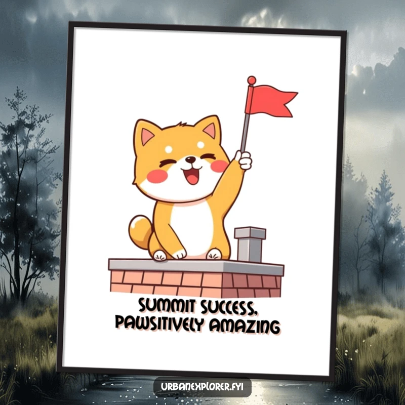 Funny Free Printable wall art of a delighted Shiba Inu triumphantly planting a miniature flag on a rooftop, celebrating achievement.
