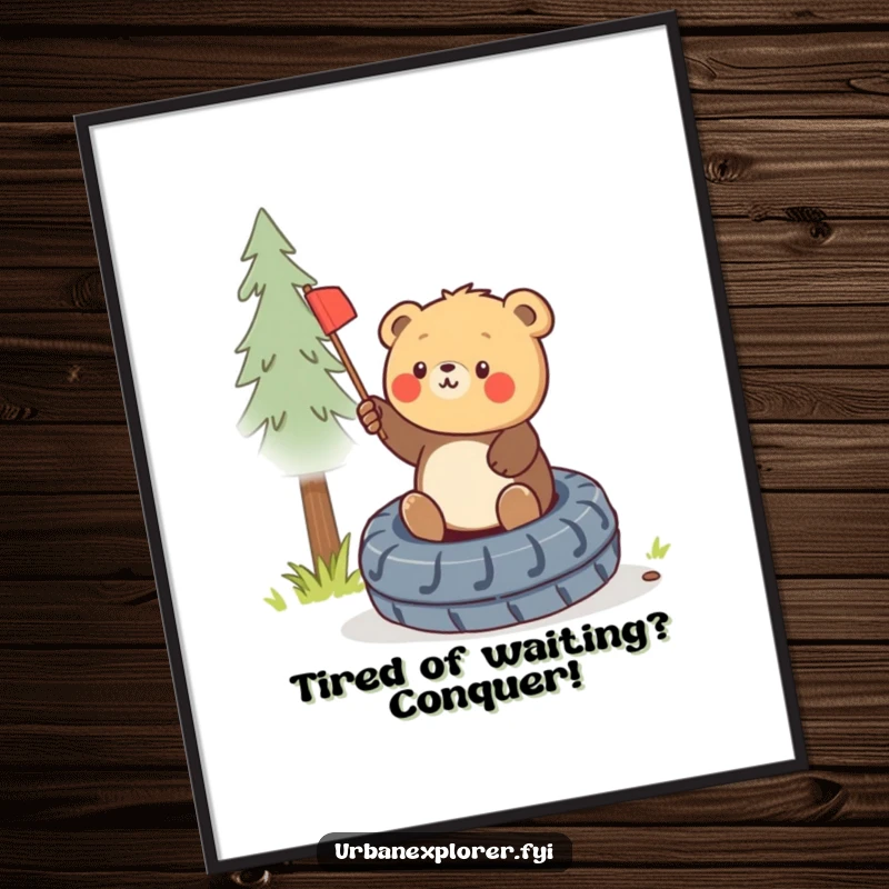 Funny Free Printable Wall Art: Round bear cub triumphantly planting a miniature flag on a discarded tire.