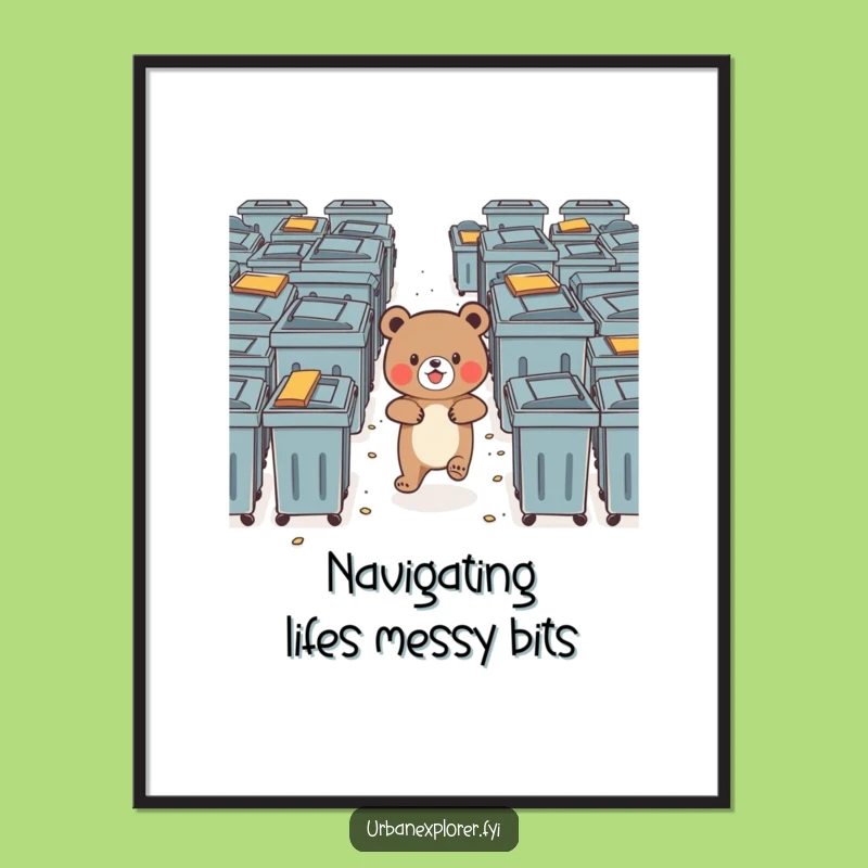 Funny Free Printable Wall Art: Bear Navigating Dumpsters, Quirky Downloadable Decor