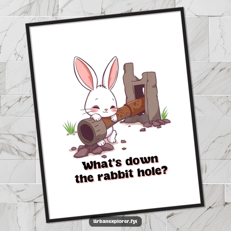 Funny Free Printable Wall Art: Curious bunny examining a rusty, abandoned-looking pipe, creating a scene of quiet investigation.