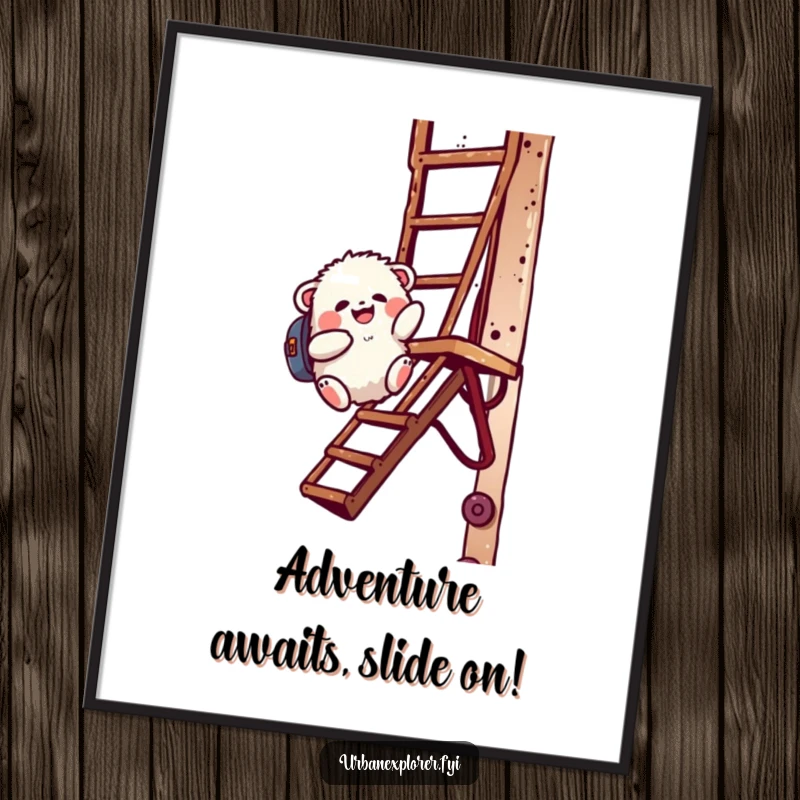 Funny Free Printable Wall Art: Fluffy creature with backpack gleefully sliding down a rusty fire escape.