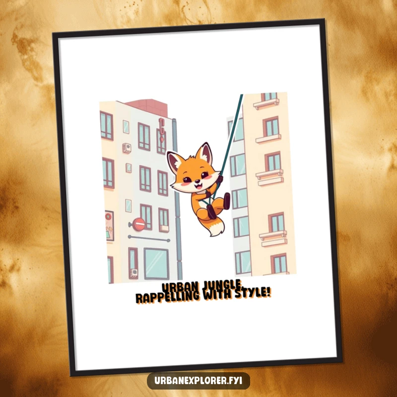 Funny Free Printable Wall Art: Playful fox rappelling down a stylized urban building, capturing a moment of daring freedom.