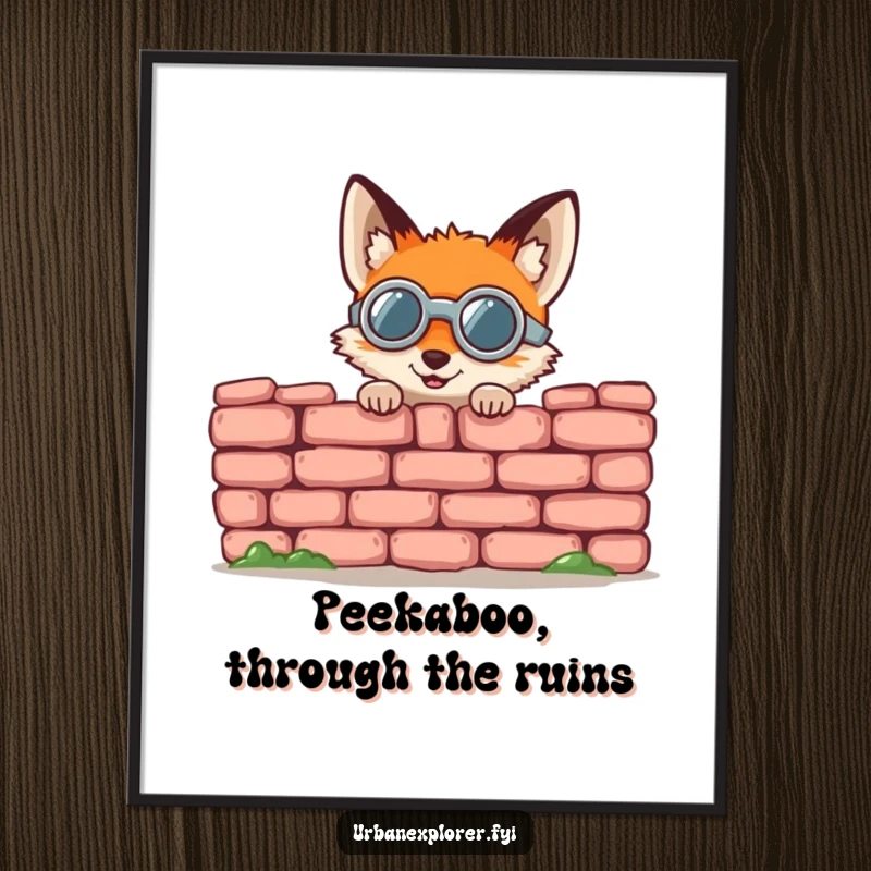 Funny Free Printable Wall Art: A small, round fox with goggles peeks gleefully from behind a crumbling brick wall.