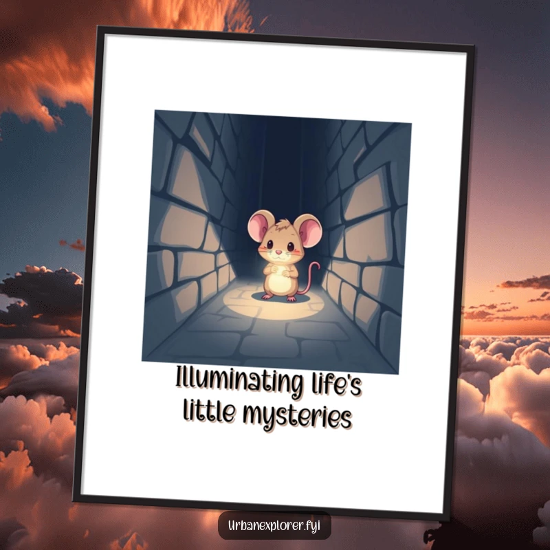 Funny Free Printable Wall Art: A brave tiny mouse with a headlamp beams bright light into a dark, mysterious, and intriguing alleyway.