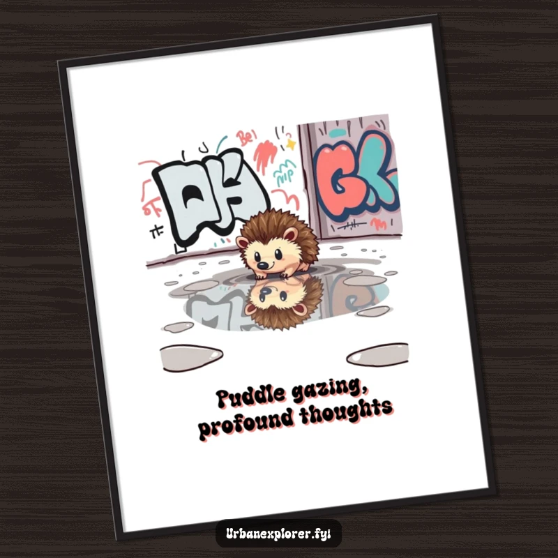 Funny Free Printable Wall Art: Curious hedgehog is reflected in a puddle near a graffiti-covered wall.