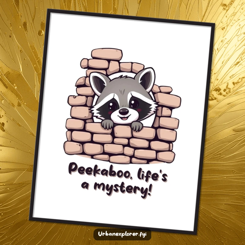 Funny Free Printable Wall Art: Cheerful raccoon peeking with curiosity from behind a crumbling brick wall, adding character to decor.