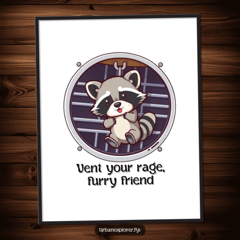 Funny Free Printable Wall Art: Mischievous raccoon dangling from a vent, artwork demonstrating chaotic energy. DIY downloadable.