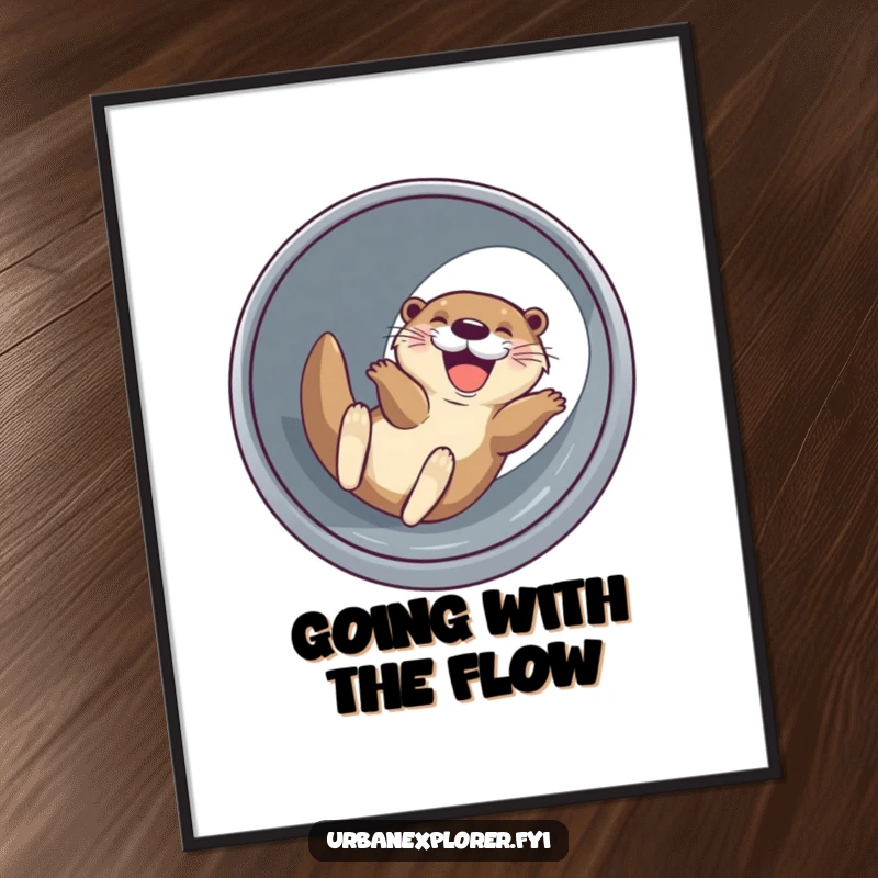 Funny Free Printable Wall Art: Joyful otter with a wide grin sliding down a drainage pipe, humorous, playful, downloadable art.