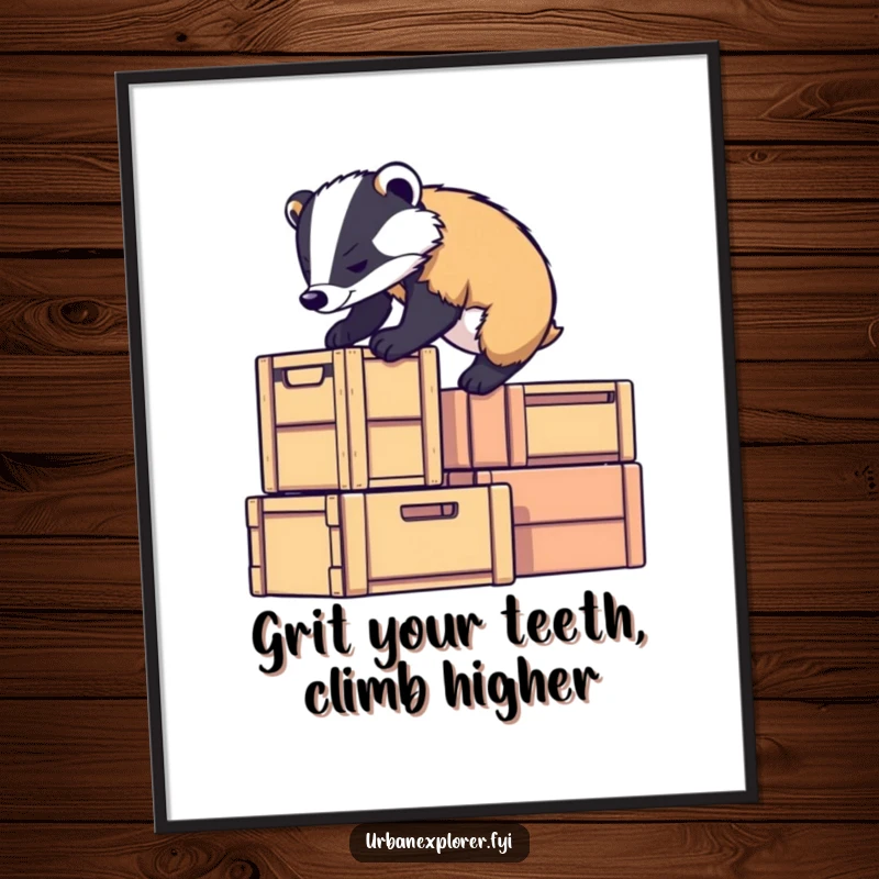 Funny Free Printable Badger Wall Art: Determined badger climbs stacked crates, symbolizing ambition and humor.