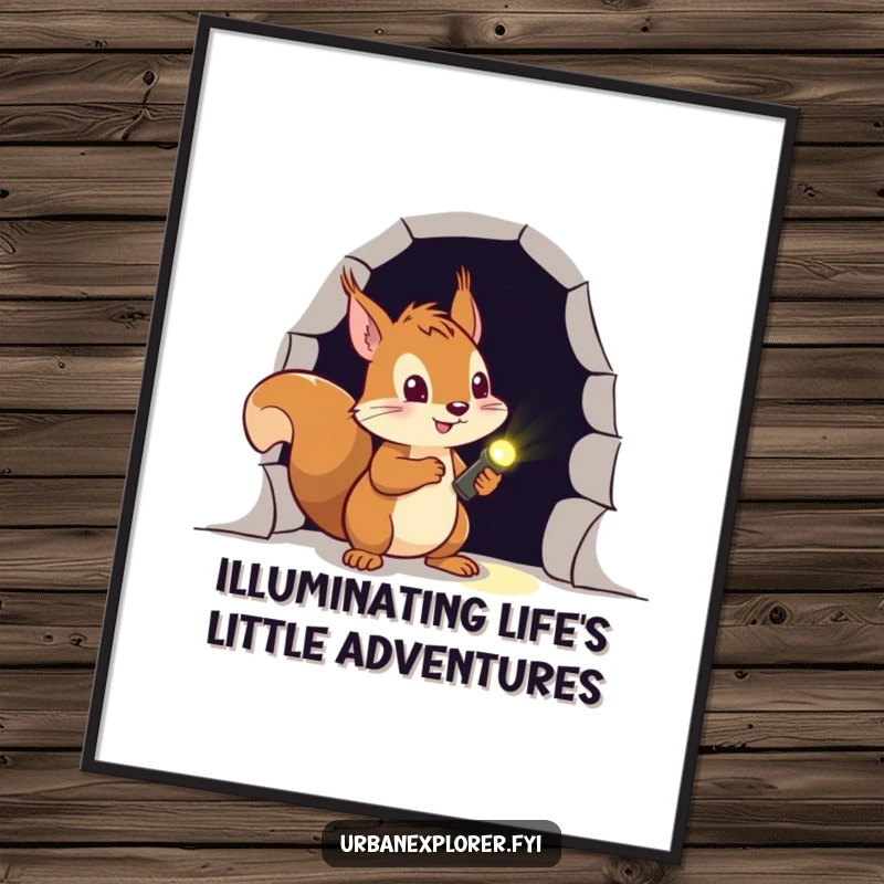Funny Free Printable wall art of a brave squirrel holding a tiny flashlight, venturing into a mysterious dark doorway.