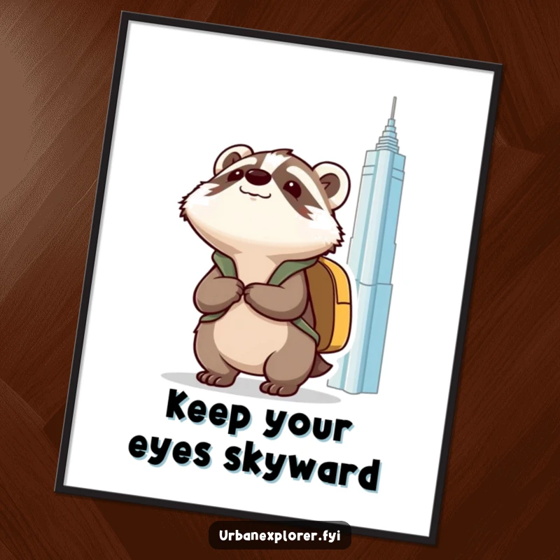 Funny Free Printable Wall Art: Kawaii badger with backpack, looking up at a massive building, symbolizing ambition and exploration.