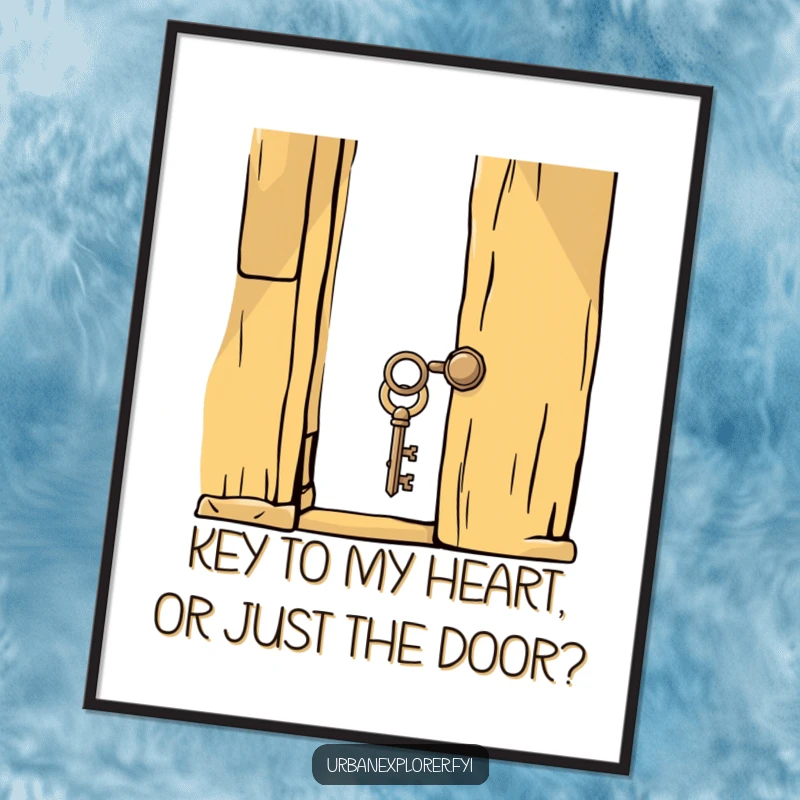 Funny free printable wall art depicting a whimsical key unlocking a creaky old door, evoking a sense of mystery and humor.