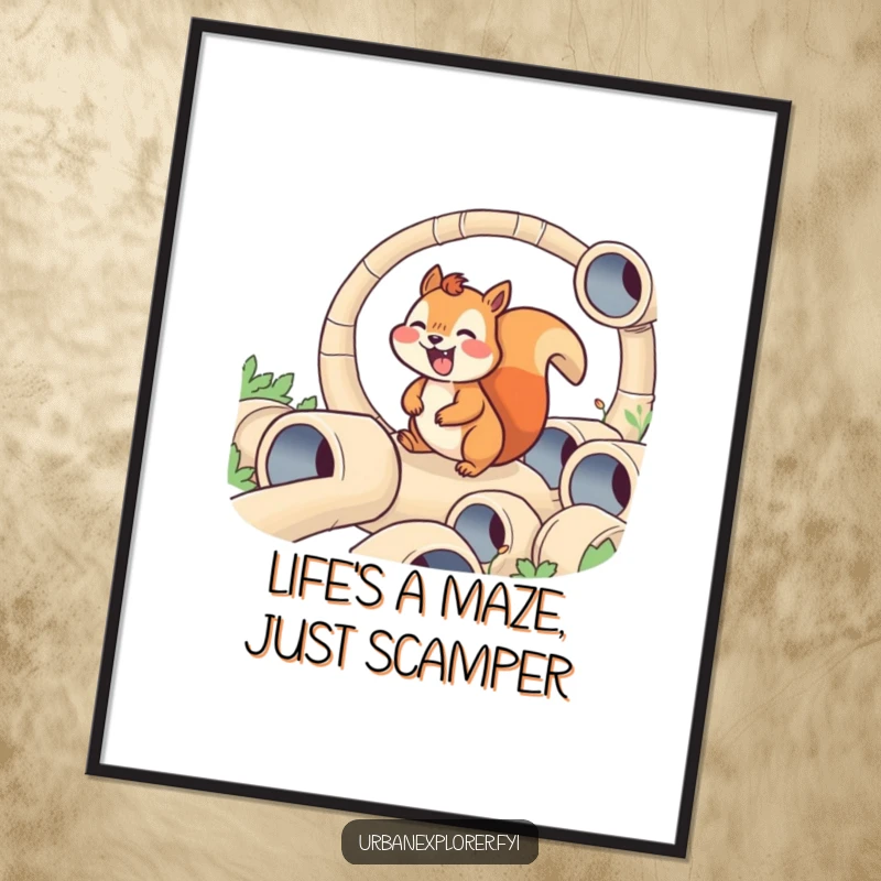 Funny Free Printable Wall Art: A joyful squirrel navigating a tiny maze of pipes, whimsical adventure, downloadable room decor.