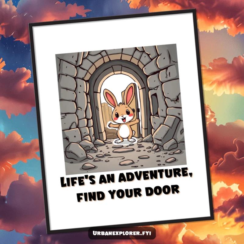 Funny Free Printable Wall Art: A silly cartoon rabbit peeking into a hidden doorway in an abandoned city street, adding urban intrigue.
