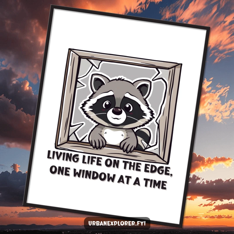 Funny Free Printable Wall Art: A cartoon raccoon peers into a broken window with a curious expression, adding humor to your decor.