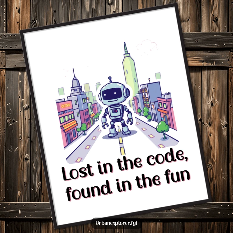 Funny Free Printable Wall Art: A pixelated cityscape with a friendly, lost robot, perfect for unique and nostalgic downloadable home decor.