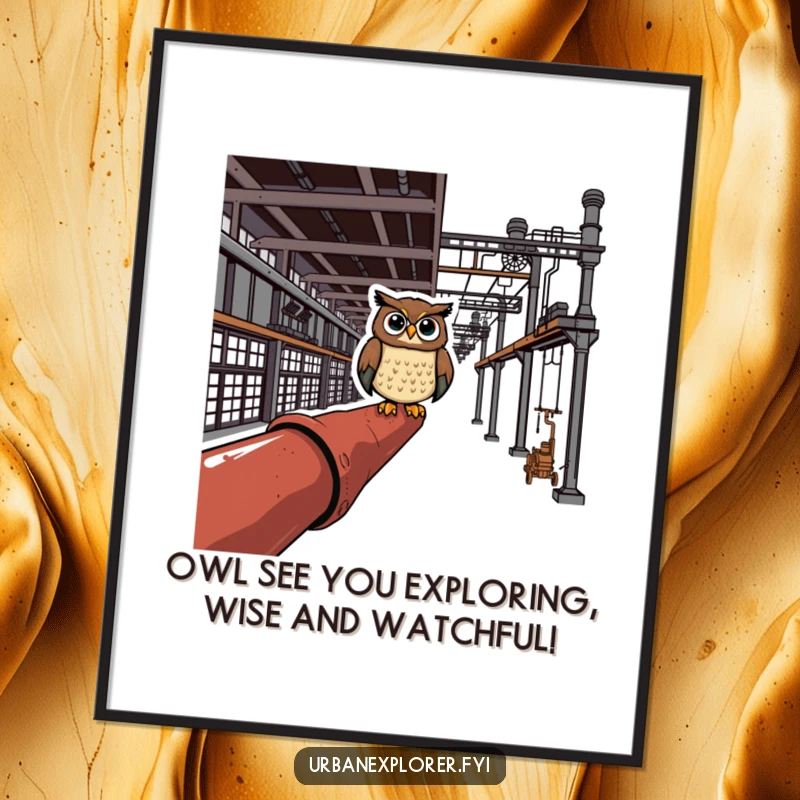 Funny Free Printable Wall Art: Cheerful owl perches humorously on a rusty pipe inside an empty industrial complex.