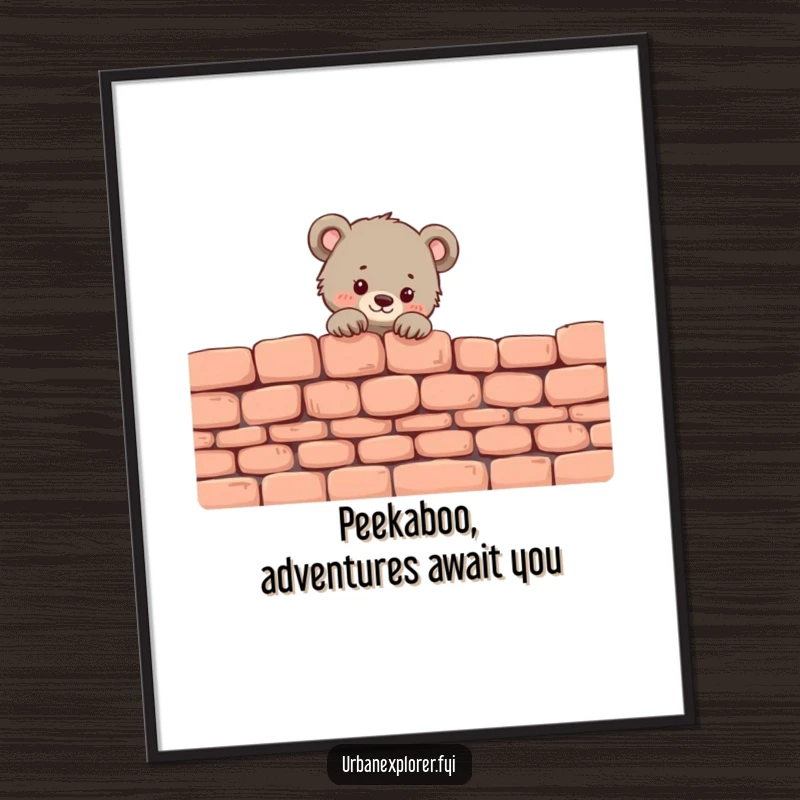 Funny free printable wall art of a tiny bear cub peeking inquisitively over a crumbling brick wall, adding charm.