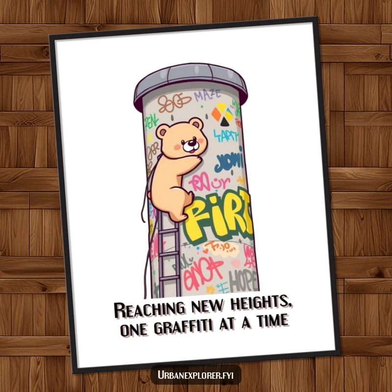 Funny Free Printable Wall Art: A determined Kawaii bear energetically climbs a tall, graffiti-adorned water tower, a whimsical scene.