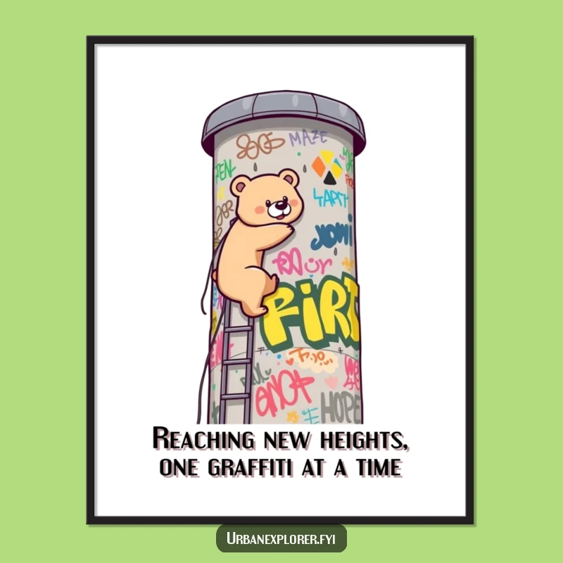 Funny Free Printable Wall Art: Kawaii Bear Climbing Tower, Humorous Downloadable Decor