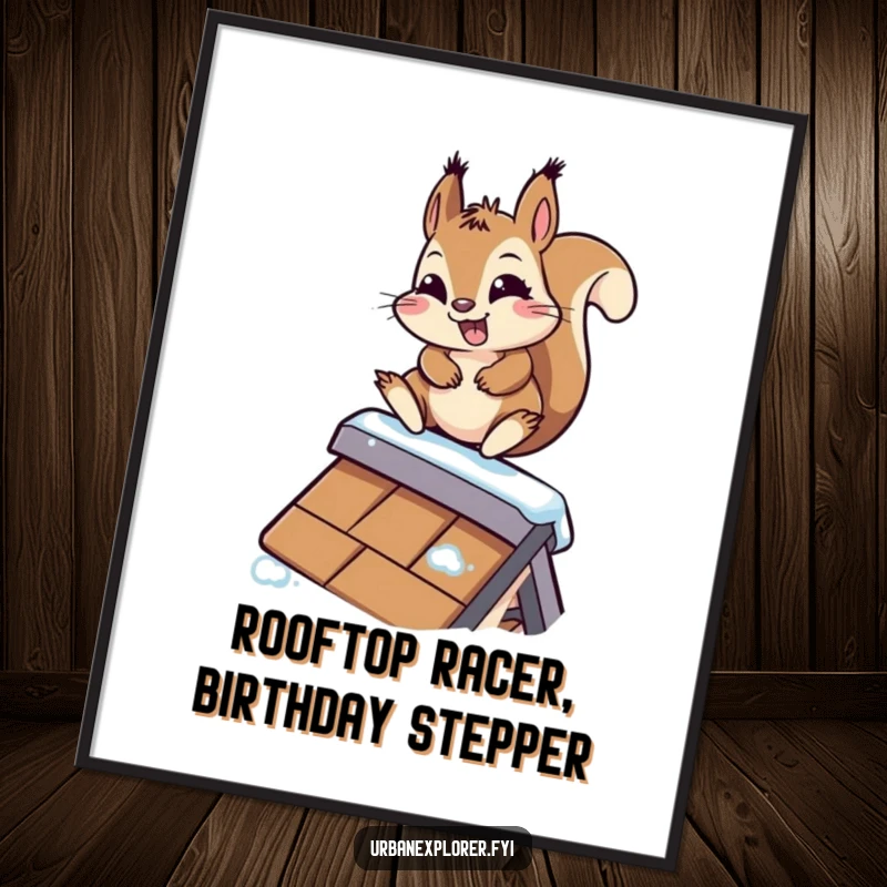 Funny Free Printable Wall Art: A kawaii squirrel with a determined grin slides down a slippery rooftop, looking hilariously adventurous.