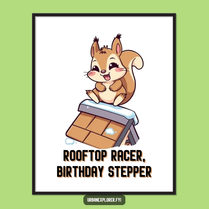 Free Printable Wall Art: Funny Kawaii Squirrel's Rooftop Dash - Downloadable
