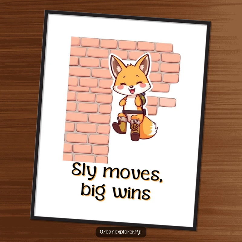 Funny Free Printable Wall Art: A smiling fox dressed in small boots expertly rappels down a textured brick wall.