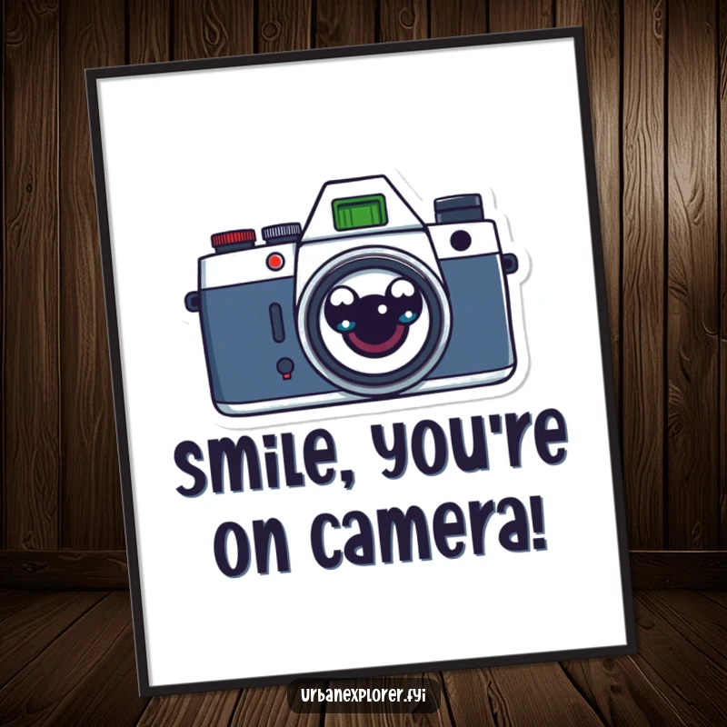 Funny free printable wall art featuring a retro camera with wide-eyed surprised cartoon eyes, adding humorous vintage flair.