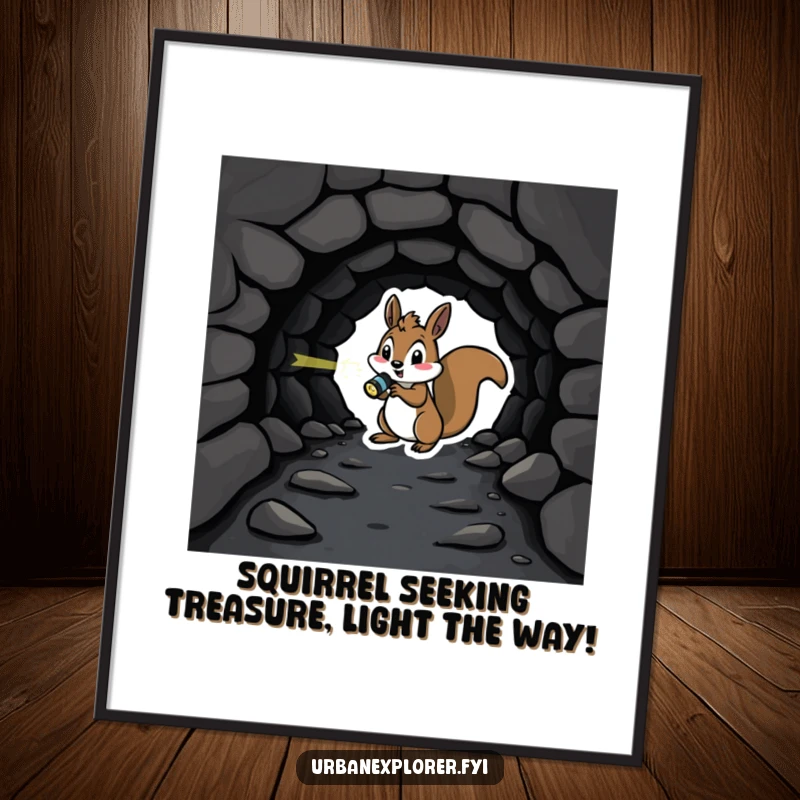 Funny Free Printable Wall Art: Playful squirrel with flashlight investigates a dark, forgotten tunnel, creating adventurous decor.