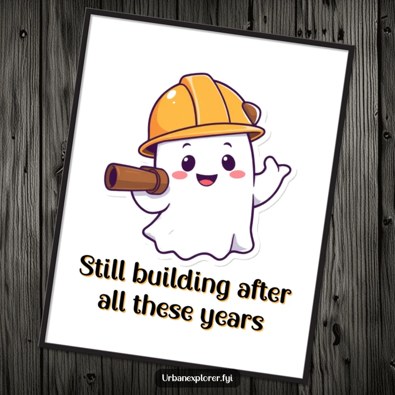 Funny Free Printable Wall Art: A smiling ghost wearing a construction hard hat, exploring with curiosity, for uniquely humorous downloadable decor.
